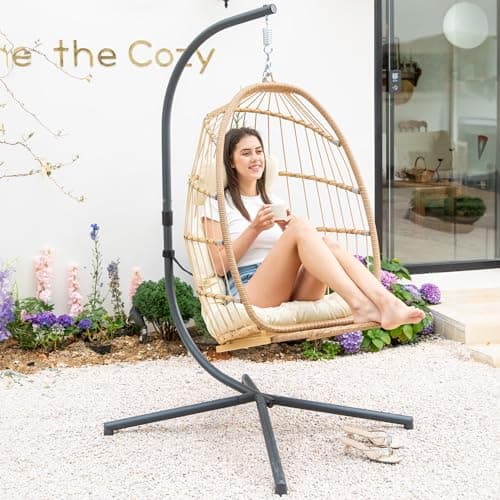 Yechen Hanging Egg Chair with Stand and Footrest for Indoor Outdoor, Foldable Wicker Rattan Patio Egg Swing Chairs Hammock Egg Chair with UV Resistant Cushion for Bedroom Porch, 350 Lbs Capacity