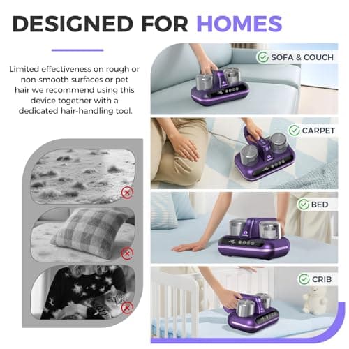 Mattress Vacuum Cleaner - 5-in-1 Cordless Bed Vacuum Cleaner, Powered by UV-C Light & Ultrasonic Technology, 16Kpa Strong Suction,Low Noise,Suitable for Dust, Pet Hair, Etc - Purple