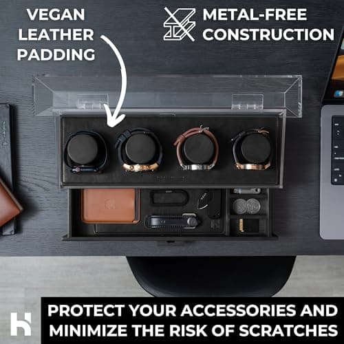 Holme & Hadfield Premium 4-Slot Wooden Watch Display Case – Handcrafted Men’s Watch Box with Accessory Drawer, Hinged Cover, Leather Lining – Birthday Gift for Collectors – Luxury Built to Last