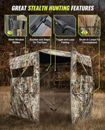 Hunting Blind 360° Silent See Through Blind with Swing Door, 2-3 Person Pop Up Ground Blind with Carrying Bag, Portable Hunting Tent for Deer & Turkey Hunting