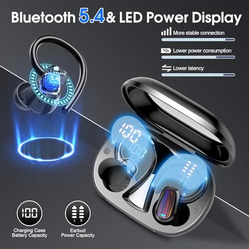 Wireless Earbuds, Headphones Sport Bluetooth 5.4, Over Ear Buds with ENC Noise Canceling Mic, Deep Bass Stereo Earphones with Hook, 50H Playback, LED Display, IP7 Ear Buds for Workout Running, Black