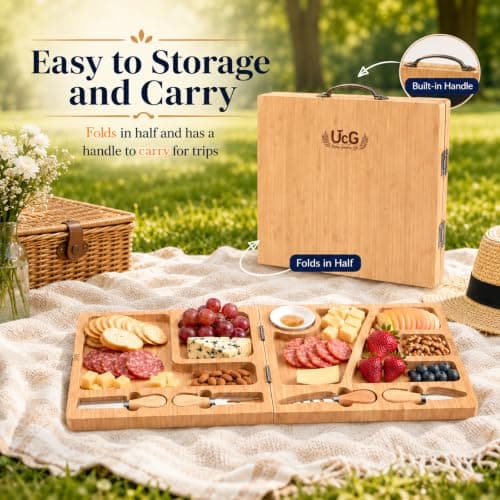 Charcuterie Board Gifts for Women: Bamboo Folding Cheese Board with Knife Set - Unique White Elephant Gift, Birthday Party House Warming Gift for Housewife