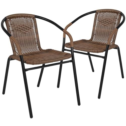 EMMA + OLIVER Set of 2 Modern Rattan Indoor/Outdoor Stack Chairs, Stacking Rattan Patio Chairs with Curved Back and Cross Bracing, Brown