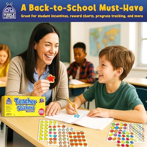 PURPLE LADYBUG Teacher Stickers for Students - 4960 Reward Stickers for Kids Classroom Supplies, Teacher Must-Haves for Classroom Reward Charts, Star, Back to School Gift