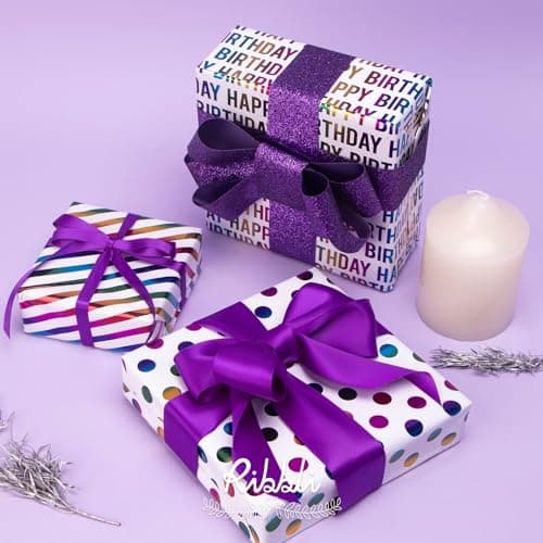 Ribbli Birthday Wrapping Paper Iridescent Gift Wrapping Paper Mini Roll, 3 Rolls Happy Birthday Polka Dots Stripes Printed Assortment - 17 inch x 120 inch(10feet) Per Roll B0CBRVLFSY