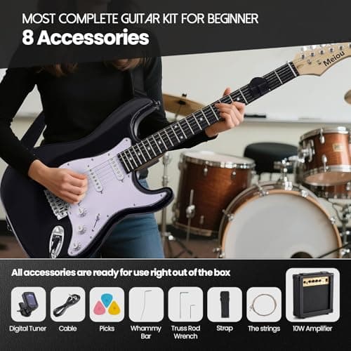 Meiou 39-Inch Electric Guitar Starter Kit ST Series-Complete starter kit with electric guitar, amp, strap, plectrum, tuner, strings, cable and guitar bag - Suitable for beginners (black)