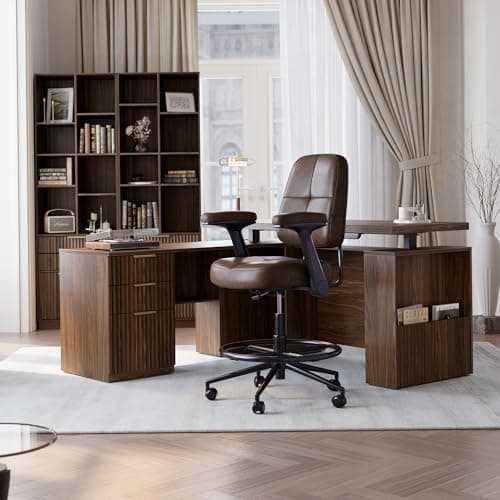 Drafting Executive Chair, Tall Office Chair with Padded Flip-Up Armrests, Mid-Back Cushioned Seat, 360° Swivel Rolling Computer Desk Chair for Standing Desk & Home Office, Vintage Brown