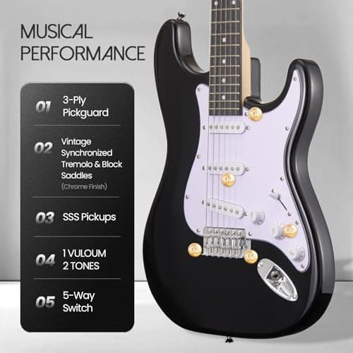 Meiou 39-Inch Electric Guitar Starter Kit ST Series-Complete starter kit with electric guitar, amp, strap, plectrum, tuner, strings, cable and guitar bag - Suitable for beginners (black)