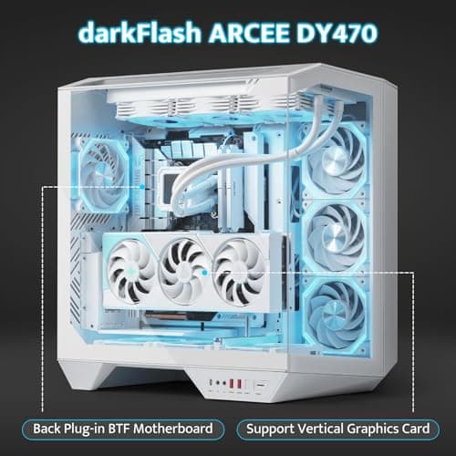 darkFlash Full-Tower ATX Gaming PC Case, Back Plug-in Motherboard, Vertical GPU Mounting, Dual-Chamber, Panoramic Glass, Up to 2 x 360mm Radiators, RTX 40 Compatible(DY470) (1 PWM ARGB Fans, White)