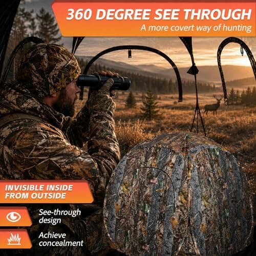 FUNHORUN Hunting Blind 360 Degree See Through with Floor Mat, 2/3 Person Ground Blind, Quick Set Pop Up Tent, Spring Steel Camouflage Tent for Deer and Turkey