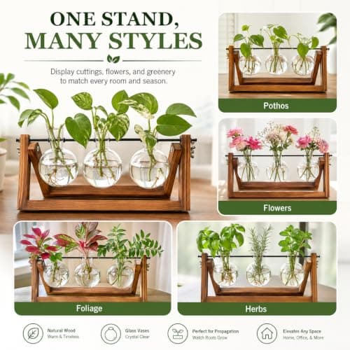 Unique Gardening Birthday Gifts for Women Plants Lovers, Home Office Garden Decor Planter - 3 Bulb Glass Vases Renmxj Plant Propagation Station, Plant Terrarium with Wooden Stand B096VDR4TM