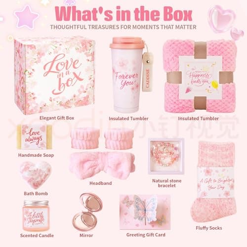 Birthday Gifts for Women, Gift Basket for Mom Wife Sister Her Friends, Luxury Self Care Spa Set with Blanket, Thank You Get Well Soon Holiday Gifts Box for Mother Valentine Day (Red)