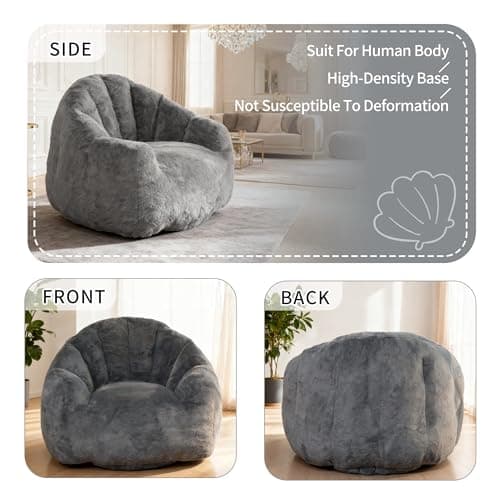 Bean Bag Chair, Giant Beanbag Chiars for Adults, Faux Fur Shell-Shaped Floor Sofa with Filler, Comfy Chair for Reading, Gaming and Relax (Grey)