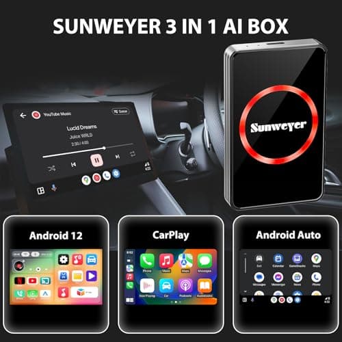 Sunweyer Wireless CarPlay Adapter Car Streaming Device Ai Box Support Netflix, YouTube, Hulu, Disney+, Android Auto Wireless Adapter with LED Ambient Light, Easy to Setup 3 in 1, Dual WiFi Bluetooth