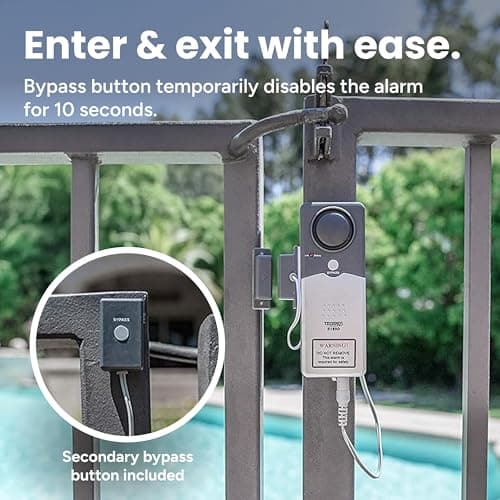 Techko S189 Ultra Slim Safe Pool Alarm for Kids, ETL Listed UL 2017 Compliant, Indoor/Outdor Weather Resistant, 110db Loud Alarm with 2X Bypass Buttons, Gray, 1Count