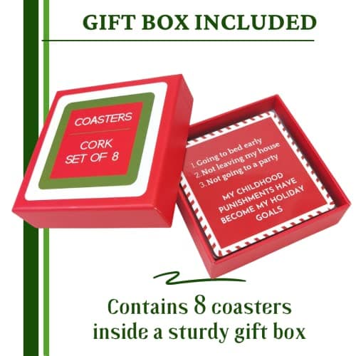 Christmas Coasters | Funny Cork Coasters | 8 in Gift Box | Hostess Gifts (Holiday)