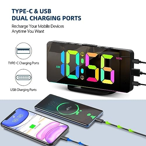 Digital Alarm Clock, Large LED Digital Clock for Bedrooms with 10 Color Changing Night Light, Adjustable Brightness, USB Charging Port, Bedside and Desk Clock for Living Room Office Decor (Black)