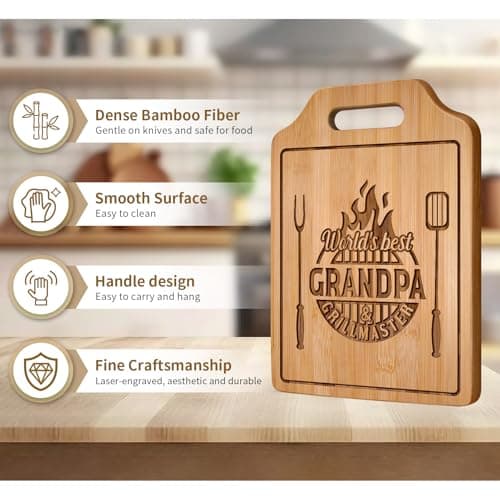AceThrills Grandpa Gifts for Grandpa Birthday, Christmas, Fahthers Day - Grill Master Engraved Bamboo Cutting Board 12.3"L x 8.7"W x 0.4"Th (World's Best Grandpas)