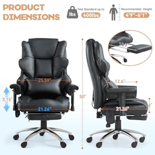 Massage Office Chair with Foot Rest, Ergonomic Executive Heated Office Chair with Reclining Backrest, Adjustable Arms and Lumbar Support, High Back Leather Desk Chairs for Home Office, Black