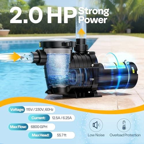 VIVOHOME 2.0HP Pool Pump - 115V/230V Self-Priming Motor - In/Above Ground - 6800GPH Energy Efficient - 1.5", 2", and 1.25"-1.5" Connectors w/Strainer Basket