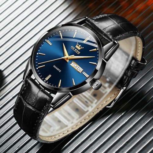 QBAIZI Men's Casual Leather Watch, Easy to Read Three-Hand Analog Stainless Steel Watches for Men, Minimalist Day Date Waterproof Luminous Mens Quartz Wristwatch