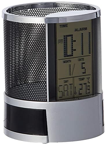 Howard Miller Desk Mate Tabletop Clock with Storage Compartment, LCD Display, Pen Holder, Snooze Function, Temperature Display, LED Light Table Clock for Home Office, Desk & Bedroom Use