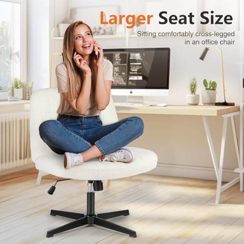 Sweetcrispy Criss Cross Chair Legged, Furry Armless Office Swivel Desk Chairs No Wheels, Vanity Height Adjustable Wide Seat Comfy Cute Computer Task Chair for Home Bedroom, Teddy Beige