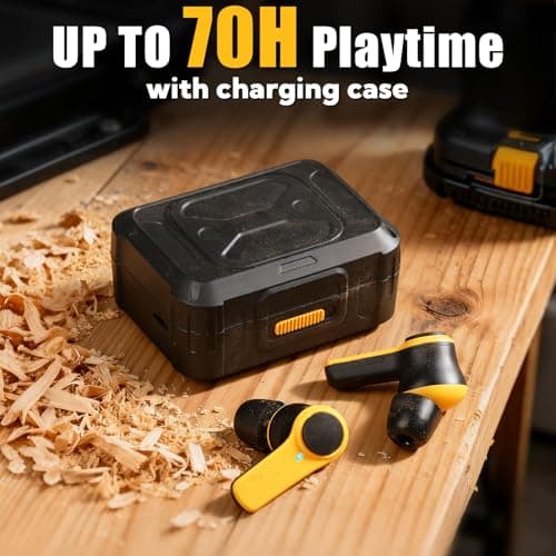 ToolFun Bluetooth 6.0 Jobsite Earbuds, 70H Playtime, IP56 Waterproof, 30dB SNR Noise Cancelling, ENC, Heavy Duty True Wireless Ear Buds for Outdoor Work, Construction with 12pcs Earplugs