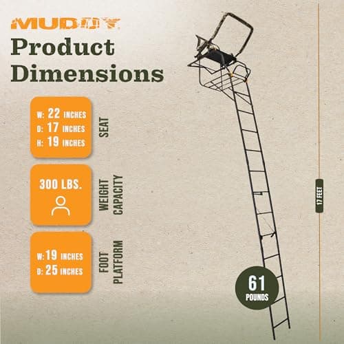 MUDDY 1-Person Huntsman Deluxe Steel Ladder Tree Stand, 17 ft Tall, 300 lb Capacity - Heavy-Duty Hunting Treestand with Lumbar Support Seat, Flip-Back Adjustable Shooting Rail & Silencer Technology