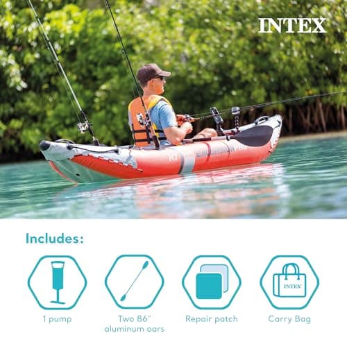 INTEX 68303EP Excursion Pro K1 Inflatable Kayak Set: Includes Deluxe 86in Kayak Paddles and High-Output Pump – SuperTough PVC – Adjustable Bucket Seat – 1-Person – 220lb Weight Capacity
