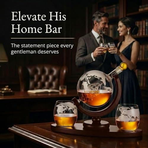 Gifts for Men, Whiskey Decanter Globe Set with 2 Etched Whiskey Glasses - for Liquor Scotch Bourbon Vodka, Gifts For Dad - 850ml