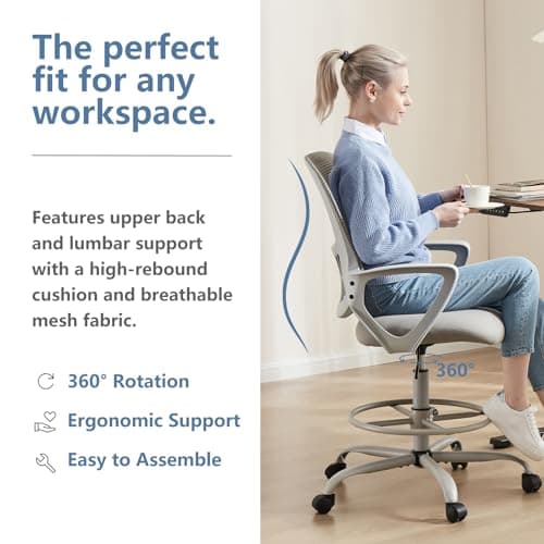 DUMOS Drafting Chair - Ergonomic Tall Office for Standing Desk, Counter with Height Adjustable and Comfortable Lumbar Support, Fixed Armrests, Grey