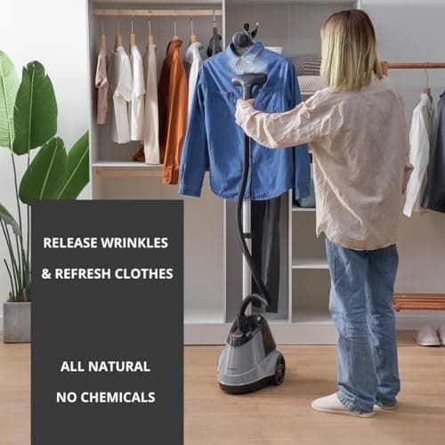True & Tidy Heavy Duty Commercial Full Size Standing Garment Steamer for Clothes with Extra Large 2.9L (98 oz) Water Tank for 90+ mins of Steam Time, 1800 watts of Powerful Steam, 3 Settings, Gray