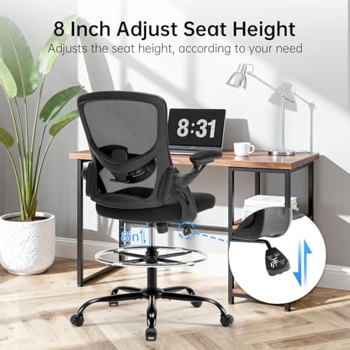 Drafting Chair Ergonomic Comuputer Standing Desk Chair with Flip-Up Arms and Lumbar Support, Tall Office Chair with Adjustable Footrest, Stool Counter Height Office Chairs Black
