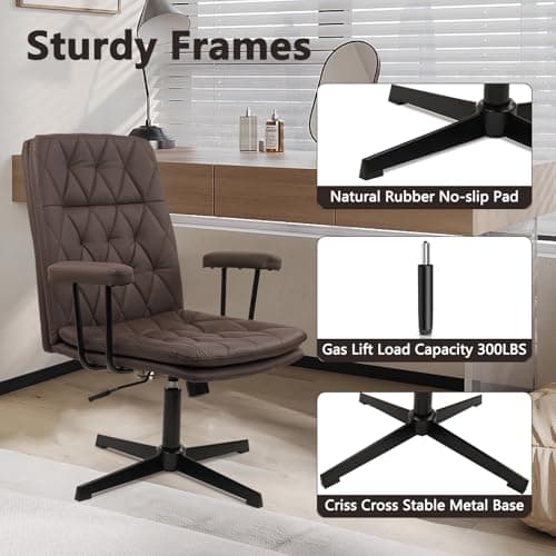 CLATINA Office Chair No Wheels, Leather Criss Cross Desk Chairs with Arms, Modern Cross Legged Computer Chair, Mid Back Height Adjustable Swivel Task Vanity Chair for Home Office, Chocolate Brown