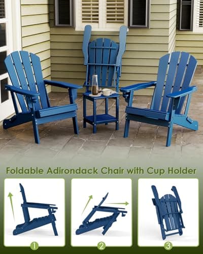 GREENVINES Folding-Adirondack-Chairs-Set-of-6 | w/Cup Holder| HDPE Plastic | All-Weather Patio Fire Pit Chairs | for Outdoor Poolside Deck | Blue