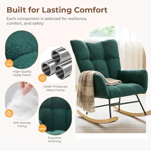 DUMOS Nursery Rocking Chair Teddy Upholstered, Comfy Glider Rocker with High Backrest Armchair Padded Seat, Accent Side Chair for Living Room Bedroom Offices Small Spaces Indoor, Green