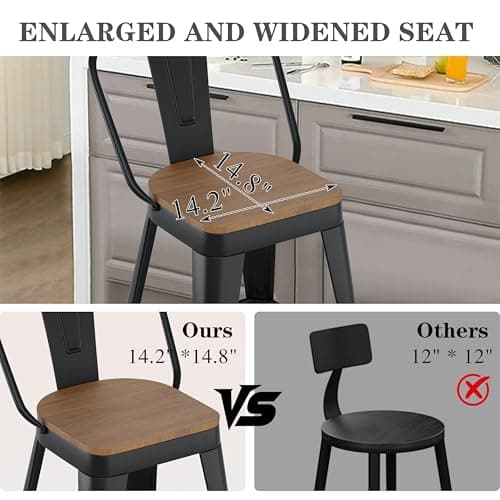 ALISH 26 Inch Industrial Bar Stools Set of 4, High Back Metal Barstools with Large Wood Seat, Counter Height Bar Chairs for Kitchen Island (26 Inch Set of 4, Black)