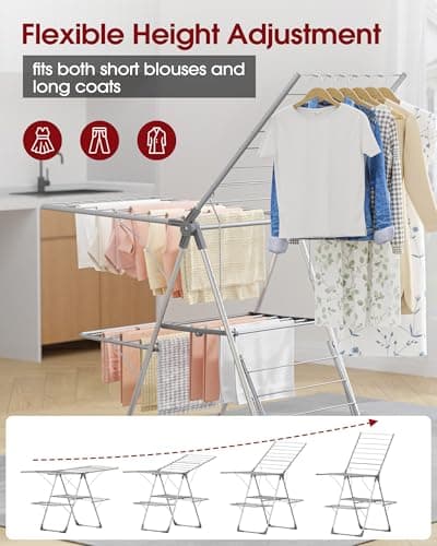 Sakugi Clothes Drying Rack, Foldable 2-Level Laundry Drying Rack with Height-Adjustable Wings, for Clothing & Bedding, Free-Standing Space-Saving Rack, Indoor & Outdoor, 55.5" L × 22.8" W, Gray