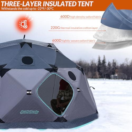 QualyQualy Insulated Pop-Up Tent with Floor - 8-10 Person Ice Fishing Shelter, 147sq.ft Windproof Ice Shack Hut with Stove Jack, Carrying Bag