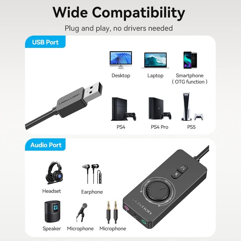 VENTION USB Sound Card, External Stereo Sound Card with Volume Control, USB to 3.5mm Jack Audio Adapter for Windows, Mac, PC, Laptop, Desktop, Headset, Switch and More