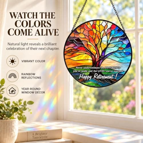Retirement Gifts for Women Men- 8 Inch Stained Glass Suncatcher - Retirement Gift for Woman - Window Hanging Decor - Retired Gifts for Teacher, Nurse, Coworker, Boss, Employee B0H28SS623