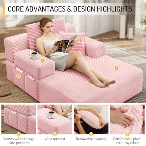 2 in 1 Corduroy Chaise Lounge Chair Indoor, 60'' Oversized Boneless Sofa Chaise Lounge with Pocket, Plush Cozy Deep Seat Couch Chair for Living Room, Bedroom, Small Spaces, RV (Pink)
