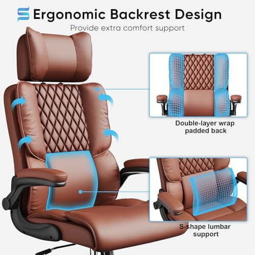 Sytas Executive Office Ergonomic Chair with Adjustable Headrest, PU Leather Desk Chair, High-Back Swivel Task Chair for Home Office, 135° Reclining, Brown