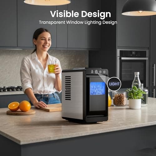 Kismile Portable Countertop Ice Maker Machine, 26lbs Ice in 24Hrs, Self-Cleaning Ice Maker with Selectable Ice Size & Internal Light, Compact Design for Home/Kitchen/Bar