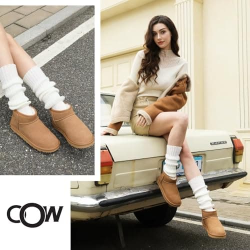 OOW 100% Genuine Suede Ankle Low Boots for Women Short Winter Snow Boot with Cozy Fur Lined