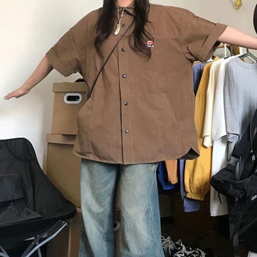 UICIOP Korean Version Women's Shirt Retro Lapel Button up Shirt Women's Summer Loose Casual Short Sleeved top