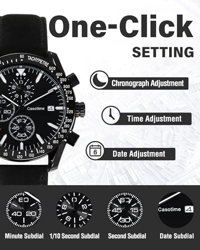 Casotime Men's Leather Band Chronograph Watch - 30M Waterproof Big Face Analog Quartz Date - Work Sport Casual Classical Fashion Designer Dress Wrist Watch - Elegant Gift for Men