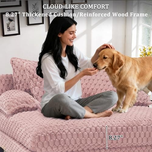 Faux Fur Chaise Lounge Indoor with Adjustable Backrest, 59 Inches Single Sleeper Sofa Chair with 3 Lumbar Pillows, Upholstered Oversized Lounge Chair for Living Room, Bedroom, Office