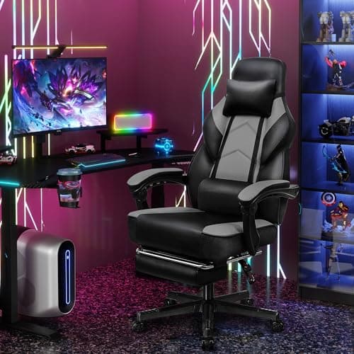 Gaming Chair for Adult, Computer Chair with Footrest Video Game Chair Big and Tall Gaming Chair with Massage Lumbar Support, Adjustable Height and 360° Swivel Seat(Grey)